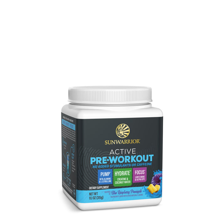 Sunwarrior Active Pre-Workout container with labels highlighting no added stimulants or caffeine, pump support, hydration with creatine and coconut water, and focus ingredients like lion's mane and rhodiola.