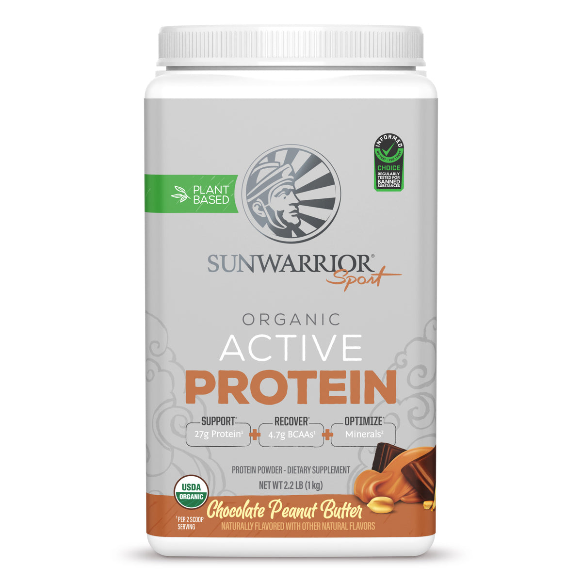Sunwarrior Sport Organic Active Protein powder container with chocolate peanut butter flavor label visible