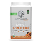 Sunwarrior Sport Organic Active Protein powder container with chocolate peanut butter flavor label visible