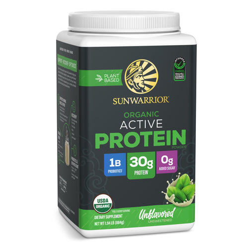 Container of plant-based organic protein powder with 30g protein and probiotics, unflavored and unsweetened