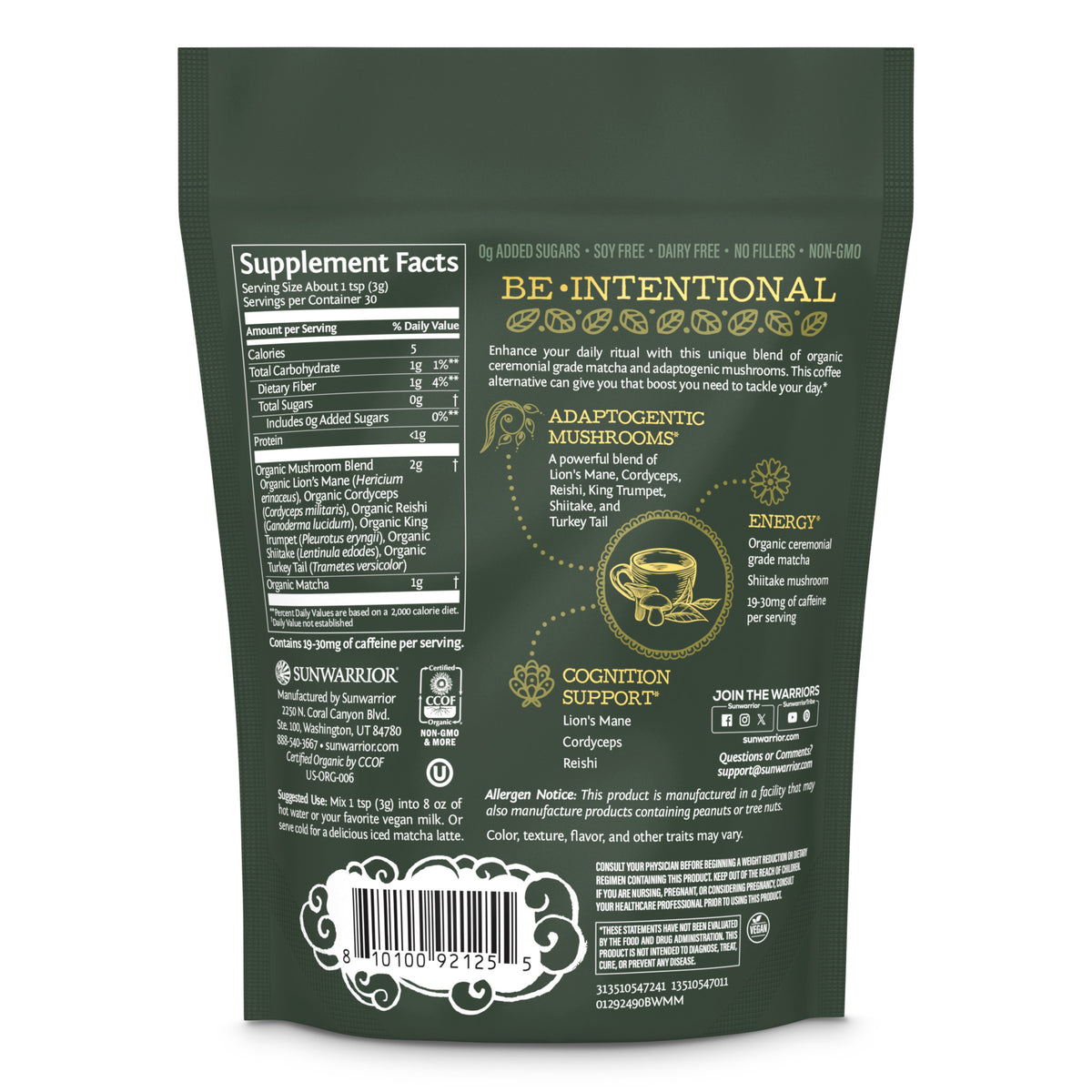 Ingredient list for Be•Well Organic Matcha and Mushroom Powder