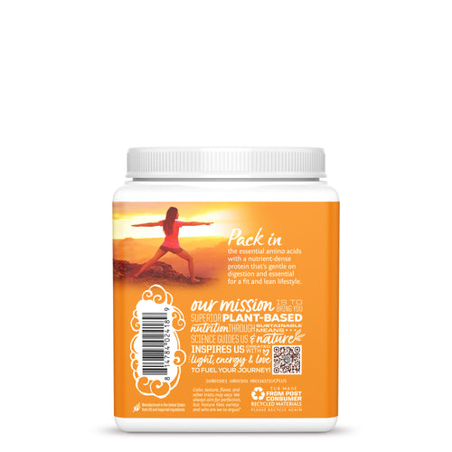 Orange container back label with a person stretching by a sunset and plant-based protein powder text details