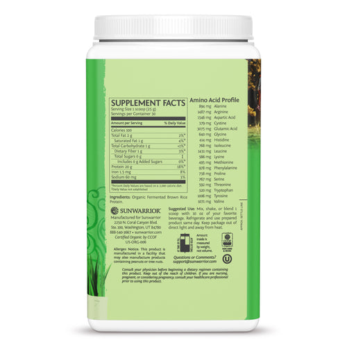 Supplement facts and amino acid profile on green label of plant based protein powder container.