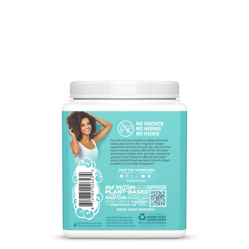 Back label of a turquoise container with collagen supplement details and a smiling woman image
