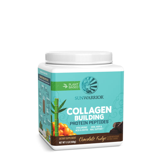 Square container of Sunwarrior plant-based collagen building protein peptides in chocolate fudge flavor