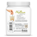 Side view of Psyllium Husk powder container with Pear & Psyllium Smoothie recipe, company mission, and recycling information. 