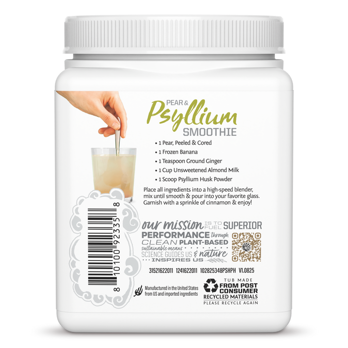 Side view of Psyllium Husk powder container with Pear & Psyllium Smoothie recipe, company mission, and recycling information. 