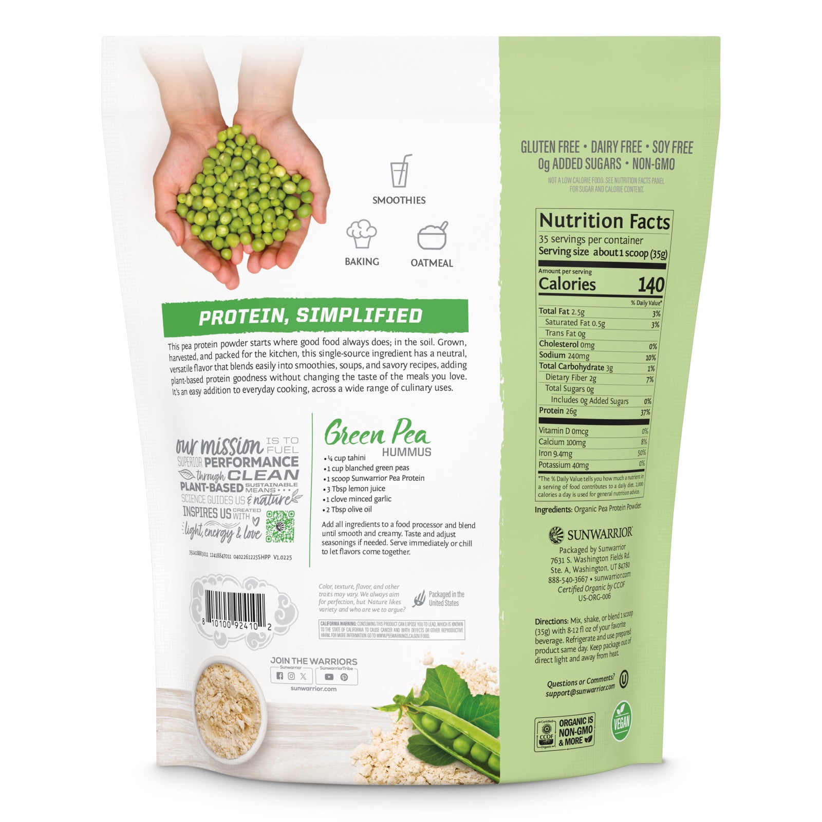 Ingredient list for Organic Pea Protein Powder Unflavored