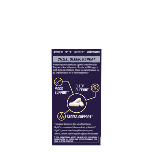 Sunwarrior supplement label highlighting mood, sleep, and stress support with capsules shown.