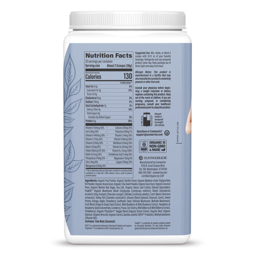 Nutrition facts and ingredients label on a blue container for plant-based protein powder