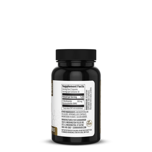 Back view of NMN bottle showing supplement facts label on white background