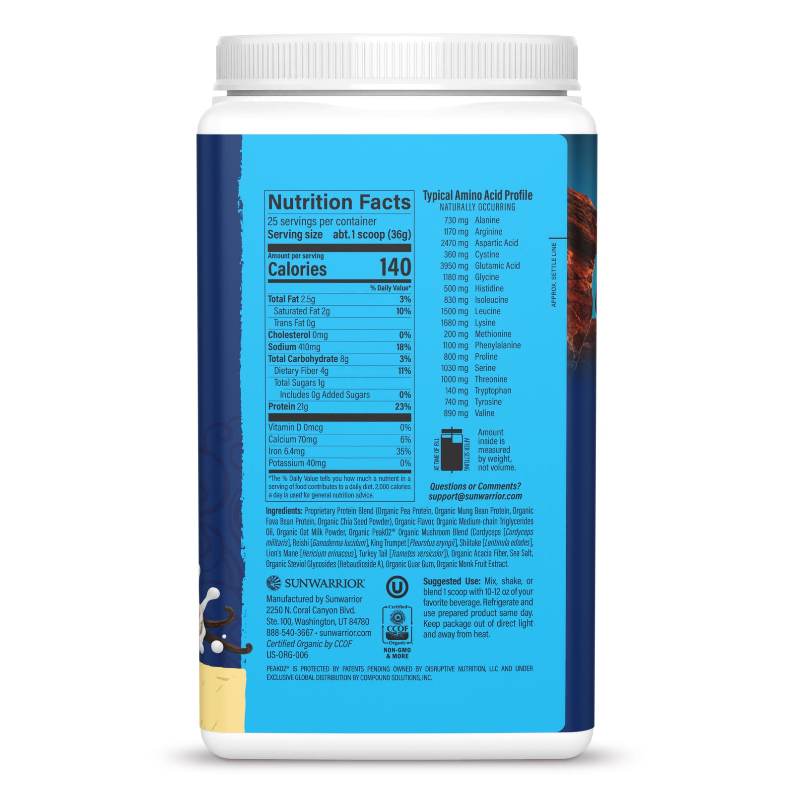 Ingredient list for Organic Protein for Endurance with Adaptogenic Mushrooms - Warrior Blend Vanilla