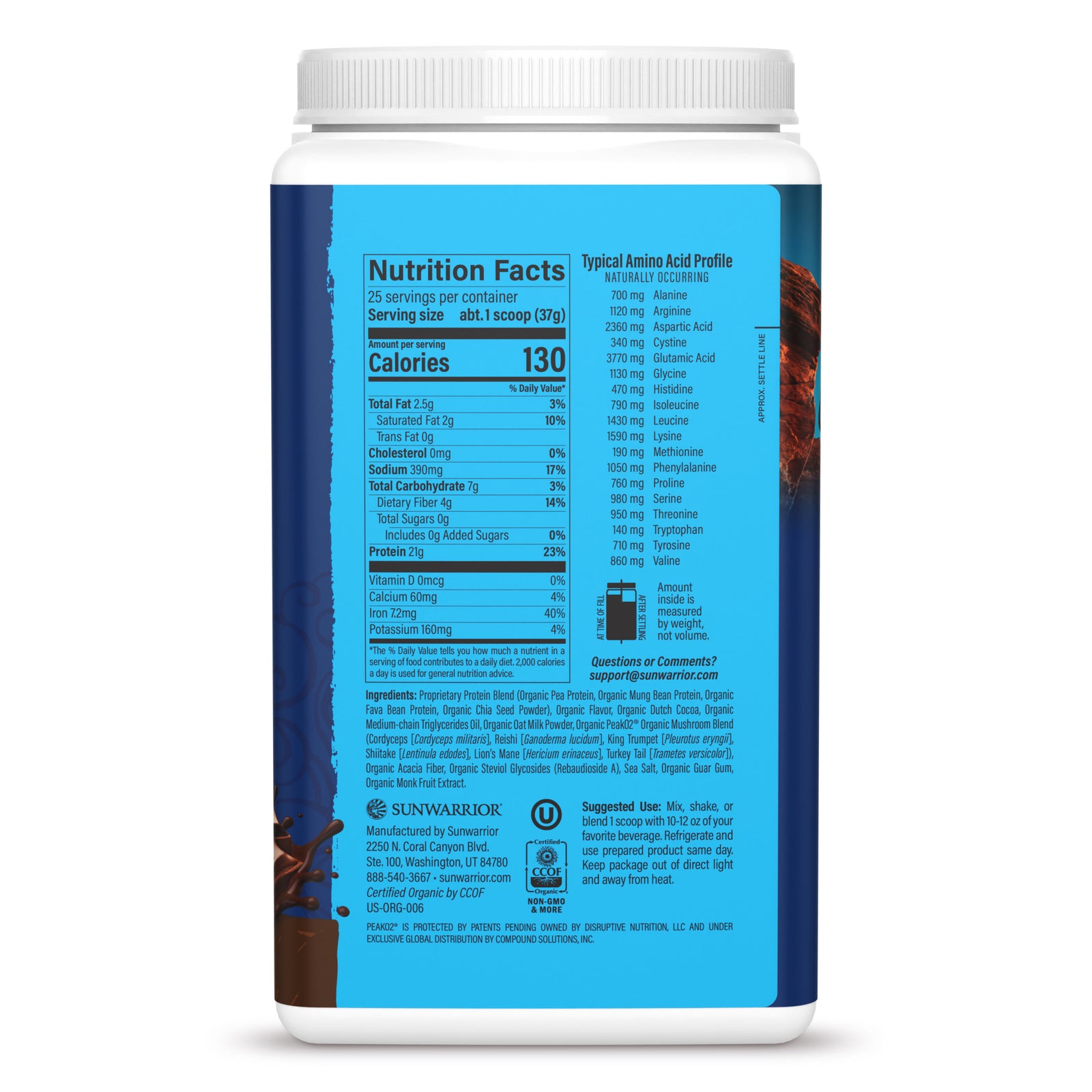 Ingredient list for Organic Protein for Endurance with Adaptogenic Mushrooms - Warrior Blend Chocolate