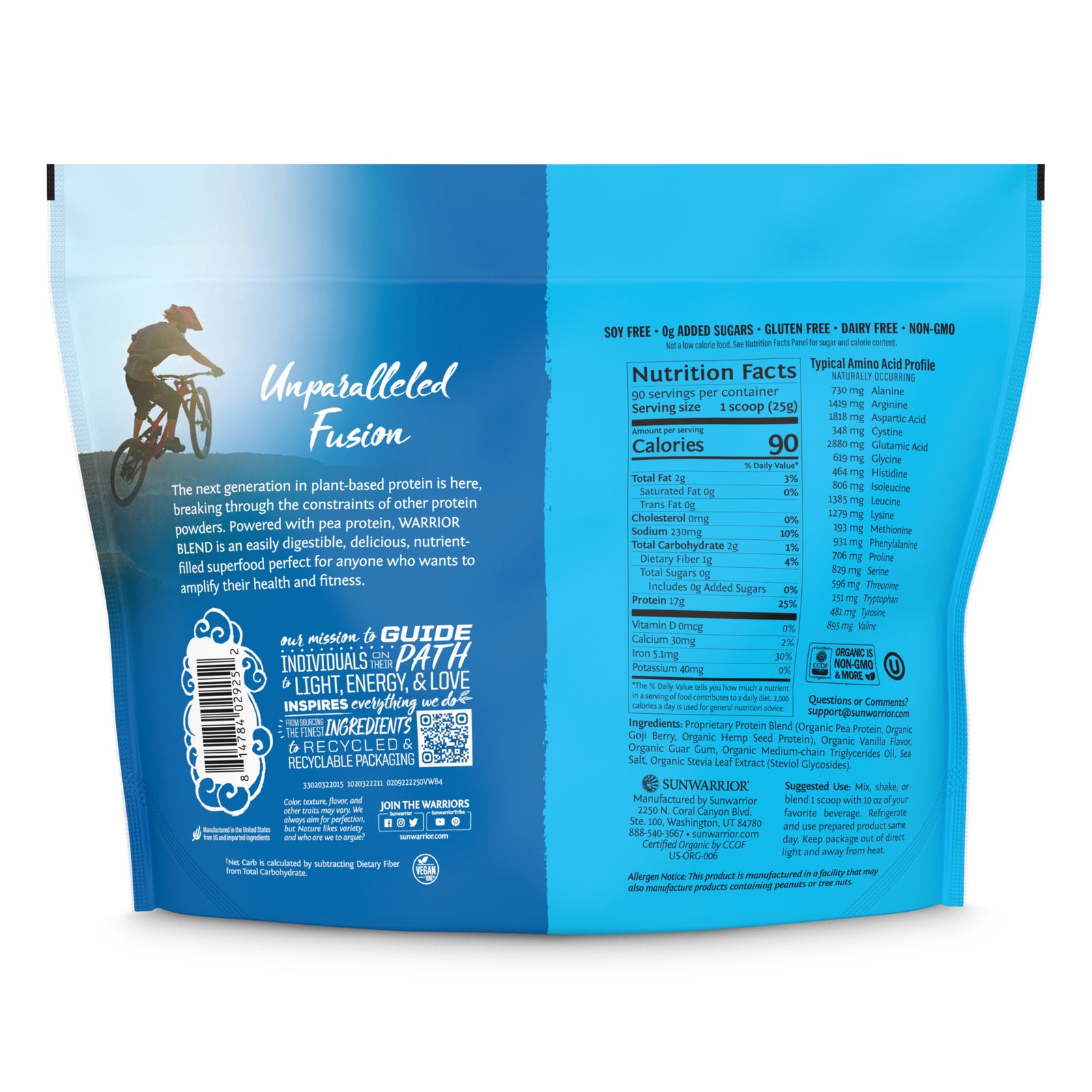 Ingredient list for Warrior Blend Organic 90 Servings Vanilla