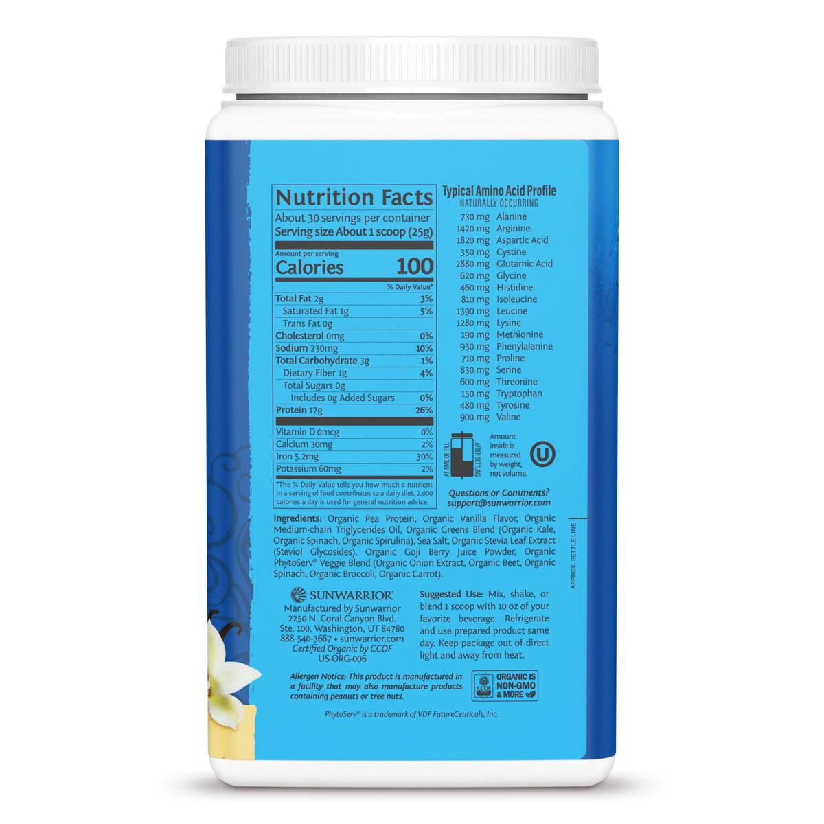 Ingredient list for Warrior Blend Protein Plus Greens - Vanilla